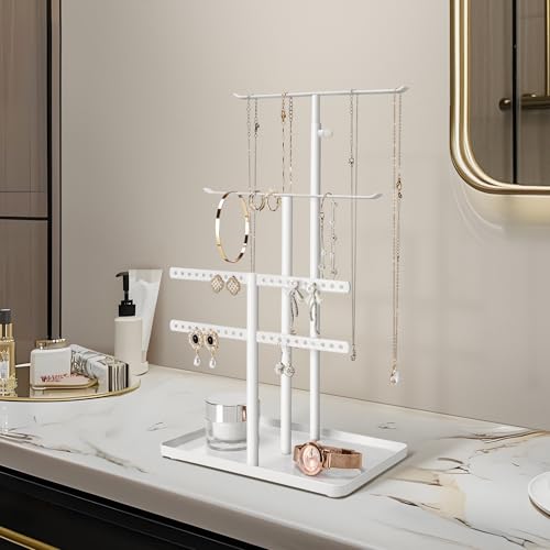 susswiff Jewelry Holder Organizer Stand - Adjustable Jewelry Tree 17.5" Height (Max), Jewlery Hanger for Necklaces, Bracelets, Earrings, Stainless, White - color: White
