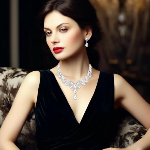 NEWITIN 4 Pieces Crystal Jewelry Set for Women Wedding Costume Accessories | Hypoallergenic, Cubic Zirconia, Necklace Earrings Bracelet, Tennis, Silver Jewelry for Wedding Bride Bridesmaid Party Prom - color: Silver Shiny