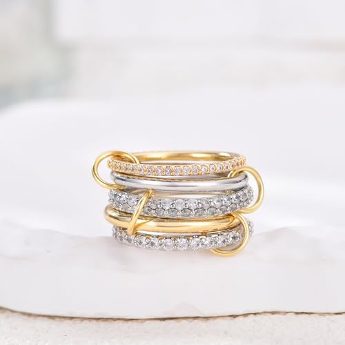 14K Gold Interlocking Stackable Rings for Women – Silver Gold Stack Ring Set with CZ, Two Tone Interlocked Stacked Ring, Multi-layer Statement Ring Jewelry - color: 14K Gold&Silver CZ(5Layer), size: 10