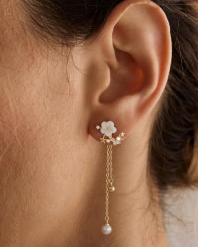 14K Gold Plated/Sterling Silver CZ Pearl Drop Dangle Earrings for Women - color: Silver-Flower Pearl CZ