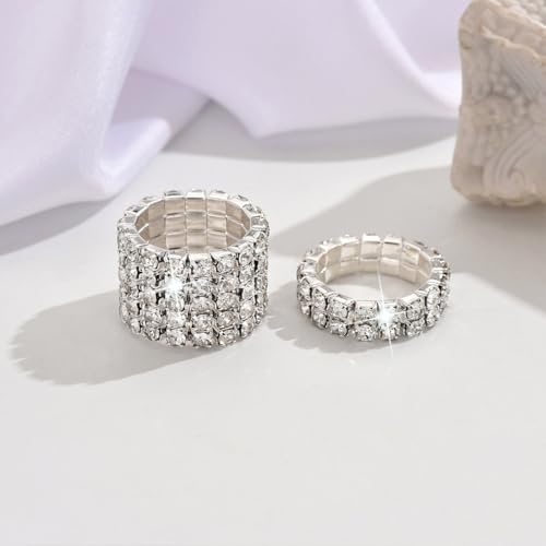 Fashion Silver Bling Rhinestone Crystal Stretch Rings Set for Women | Sparkly Rhinestone Elastic Finger Nail Ring Glitter Stretchy Stack Statement Knuckle Rings Cocktail Jewelry Accessories Pack - color: Silver