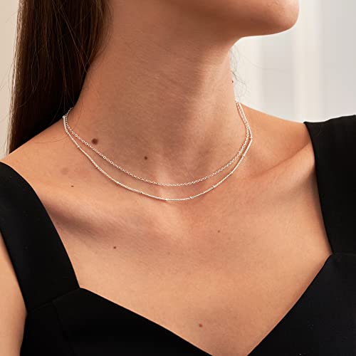 CHESKY 14K Gold Plated Silver Dainty Satellite Choker Necklace for Women | Layered Beaded Chain Necklace, Thin Choker Jewelry, Dainty Gold necklace, Minimalist Trendy Jewelry, Daily Gift for Women - style: Layered Satellite-Silver