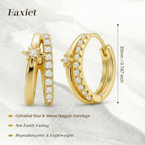 14K Gold Double Hoop Earrings 20mm Split Huggies North Star Earrings Celestial Jewelry Gift for Women