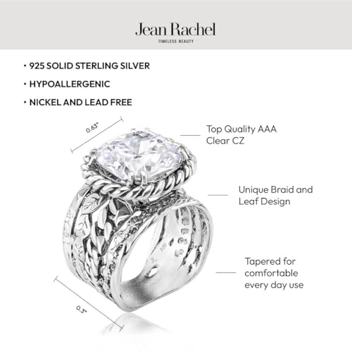 JEAN RACHEL JEWELRY 925 Sterling Silver Braid Leaf Cushion Ring | Ornate statement ring beautifully adorned with sculpted leaf motifs, twisted rope braids, and a CZ center stone. - color: White CZ