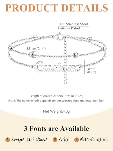 Custom4U Custom Name Anklet Bracelets for Women Waterproof Beaded/Figaro/Cuban/Rope/Wheat Chain Anklet Stackable Gold Plated Non Tarnish Custom Beach Gift Barefoot Summer Jewelry for Her - color: A02-Silver Beaded Chain