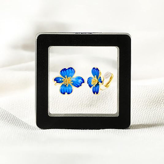 Clip on Earrings Women, 14K Gold Plated Earrings for Sensitive Ears, Fashion Women's Earrings Jewelry Birthday Gift for Wife Grandma Daughter Girls on Christmas Thanksgiving - color: Cherry Blossom Navy Blue Gradient Enamel Earrings