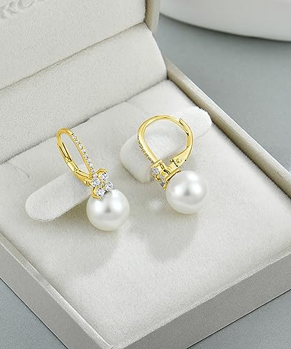 Pearl Earrings for Women 925 Silver Freshwater Real Pearl Drop Dangling Earrings for Birthday Christmas Anniversary - color: Gold