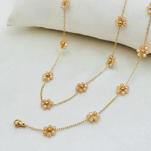 Daisy Pearl Jewelry Set for Women, 14K Gold Plated Stainless Steel Necklace Bracelet Earring 3 Piece Set, Dainty Pearl Choker Flower Necklace Birthday Gift for Her - color: Champagne