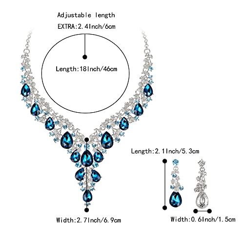 Wedding Bridal Necklace Earrings Jewelry Set for Women | Gorgeous Austrian Crystal Teardrop Flower Cluster for Bridal Bride Bridesmaid - color: 2Pcs-Blue Topaz Silver-Tone