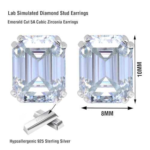 925 Sterling Silver 2-4 Carat Lab Simulation-Diamond Stud Earrings 5A Cubic Zirconia Stud Earrings Hypoallergenic White Gold Plated, Perfect Jewelry Gifts - style: Emerald Cut 8x10MM
