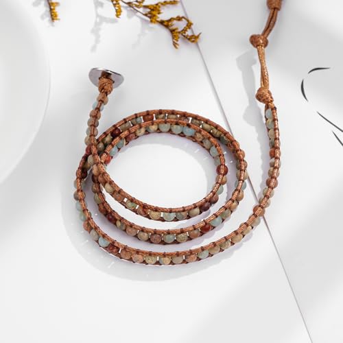 Plumiss Women Boho Handmade Natural Stone Crystal Leather Bead Wrap Bracelets Collection - style: 4mm Agalmatolite 3W