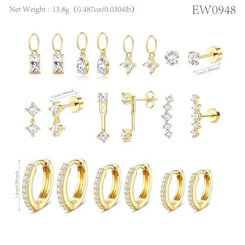 Stainless Steel Stud Earrings Set for Women Hypoallergenic Flat Back Cartilage Earrings Screw Back Huggie Hoop Earrings Multiple Piercing Cubic Zirconia Helix Tragus Jewelry - color: Set-E-14K Gold Plated