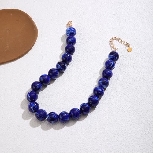 Chunky Necklaces for Women Trendy 20MM Large Resin Beaded Necklace Bold Statement Chunky Choker Necklace Boho Beads Summer Beach Jewelry - color: Royal blue