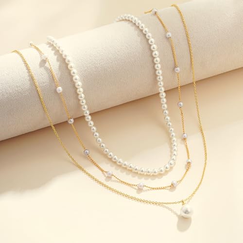 Pearl Necklaces for Women Trendy, 18K Gold/Silver Plated Layered Pearl Necklaces Dainty Pearls Choker Necklace and Earring Set Birthday Gifts for Mom Wife Daughter Sister Friends - color: Gold Pearl Necklace-3pcs