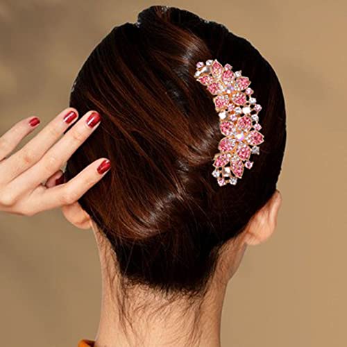 Women Rhinestone Inlaid Flower Hair Comb Hairpin Barrette Accessory,Also Perfect Mother's Day Gifts for Mom (Pink) - color: Pink