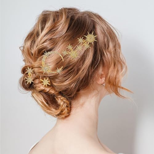 5 Pcs Celestial Crystal Bridal Hair Pins Set, Star & Moon Rhinestone Hair Accessories for Wedding, Goddess-Style Hair Pieces for Women(Gold) - color: Gold