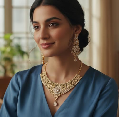 Touchstone Indian jewelry sets for women tikka wedding necklace costume guest statement bollywood rhinestones crystal faux pearls gold big royal neck piece set bridal fashion accessories - color: D313 Gold 2