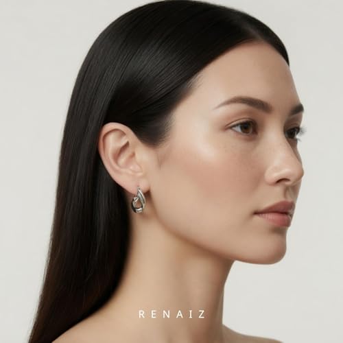 RENAIZ Bold Statement Hoop & Stud Earrings for Women – 14K Gold & Rhodium Plated Maximalist Jewelry, Chunky Geometric Boho Earrings, Hypoallergenic Non-Tarnish Trendy Gift - color: White Gold, style: Twisted Overlap