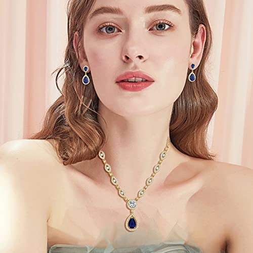 GULICX AAA Cubic Zirconia CZ Silver Plated Base Women's Party Jewelry Set Earrings Pendant Necklace - color: Blue CZ-gold plated