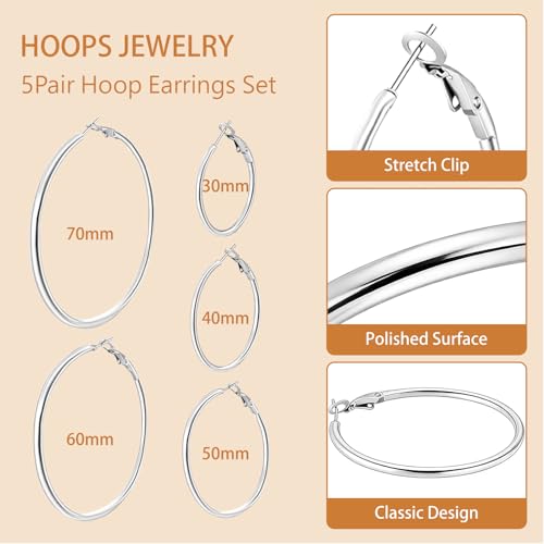 5/8 Pairs Gold Silver Hoop Earrings for Women Stainless Steel Jewelry Set | 30 40 50 60 70 mm, 14K Gold Plated Stainless Steel, Hypoallergenic, Lightweight, Thin, Small Medium Large Dangle - color: 5 Pair/Silver (30/40/50/60/70mm)