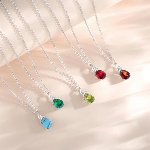 FANCIME 14K Solid White Gold Birthstone Pendant Necklace for Women with Diamond Pear Shaped Teardrop Necklace Birthday Gifts for Mom Women,Sterling Silver Chain 16" + 2" Extender - color: 07-Ruby