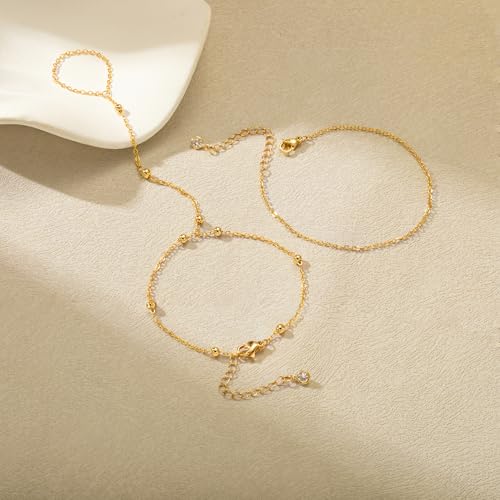 Mothers Day Gifts 14K Gold Plated Hand Chain Bracelet for Women, Stackable Gold/Silver Finger Ring Bracelet Hand Chain Dainty Non Tarnish Waterproof CZ Satellite Bead Link Adjustable Jewelry - color: Gold-Style 3