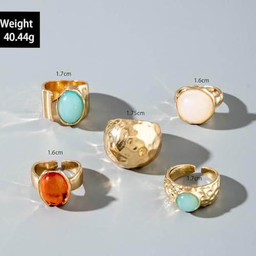 Chunky Gemstone Rings for Women Gold Silver Chunky Rings Set Adjustable Thick Statement Ring Trendy Fashion Silver Jewelry - style: AGold