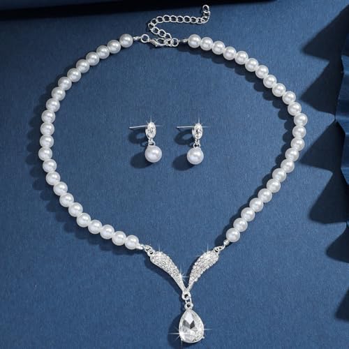 Pearl Necklace and Earring Set for Women,Pearl Jewelry Set Fake Pearls Necklace Imitation Beaded Collar de Perlas Para Mujer Necklaces for Prom Bridesmaid Costume Accessories - color: A-Silver