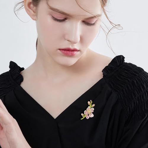 Elegant Peach Blossom Cz Brooch for Women Men Delicate Crystal Flower Faux Pearl Enamel Lapel Pins Dress Coats Scarves Accessories Wedding Party Prom Fashion Jewelry