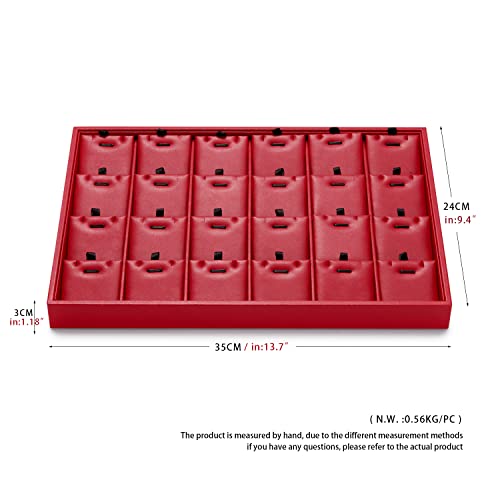 Oirlv Gorgeous Red Leather 24 Grid Jewelry Tray with Removable Inserts Jewelry Cards Stackable Necklace Trays Necklace Drawer Organizer | 24 Necklace Sections,Removable Insert Cards,Anti-Tangle Design,Space-Saving Event Display,13.8×9.5Inch - color: Red,