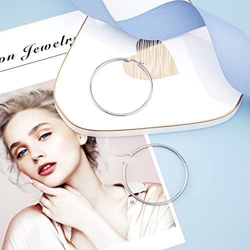 JIAYIQI Sterling Silver Hoop Earrings 18K White Gold Plated Silver Circle Endless Earrings Hoops Jewelry Lightweight Hoop Earring for Women Diameter 10,14,16,18,20,25,30,35,40,50,60mm - style: Silver-50mm