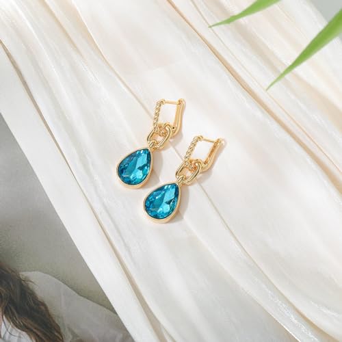 Crystals Teardrop Dangle Drop Earrings, 18K Gold Plated Hoop Earrings Zirconia Jewelry for Women Gifts - color: Blue-Long