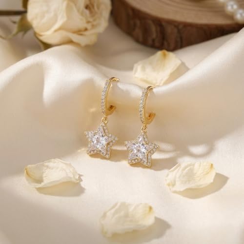 Sonateomber Christmas Tree Dangle Small Gold Hoop Earrings for Women, Cute Sparkly CZ Rhinestone Maple Clover Leaf Drop Earings Thanksgiving Holiday Accessories Fashion Jewelry Gift - color: Gold Star