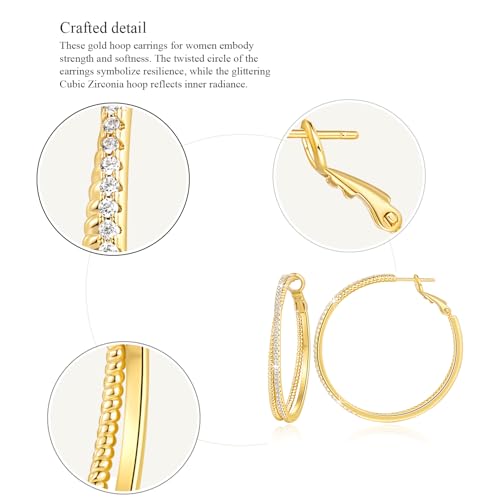 SANDRA REDD Gold Hoop Earrings 14K Gold Earrings for Women Gold Earrings | Cubic Zirconia 14K Gold Hoop Earrings for Women Hypoallergenic Lightweight Gold Hoop Earrings for Women 25/30/40mm - size: 40mm