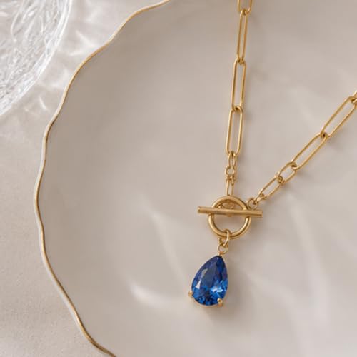 Teardrop CZ Pendant Paperclip Chain Necklace 18K Plated Paperclip Toggle Necklace Jewelry Birthstone Gift for Women - color: Tanzanite-December