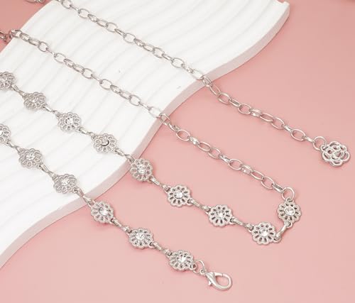 Women's Waist Chain Flower Metal Belt for Dresses Jeans | Adjustable Belly Waist Chain - color: Rhinestone Flower Silver, size: XL: 150cm/59in
