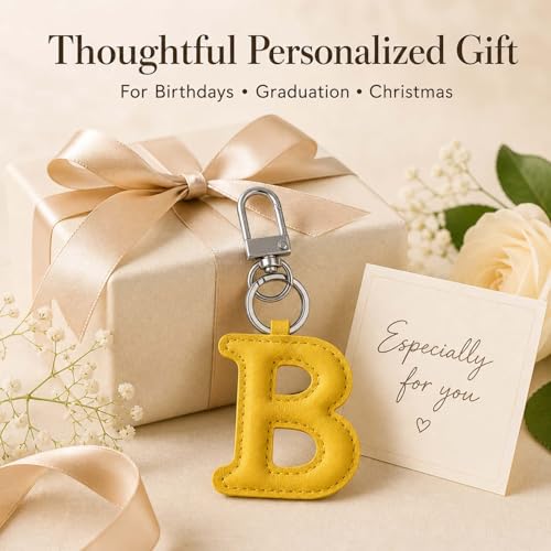 Initial Letter Keychain,Stainless Steel,Colorful Faux Leather Keyring for Backpack,Purse,Car Keys,Gift for Men Women - color: B