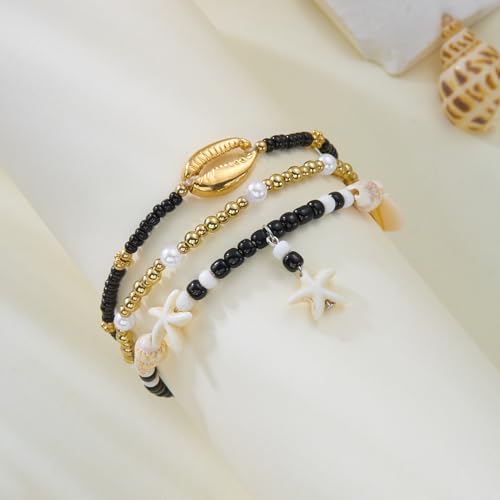 Starfish Mermaid Anklets Bracelets for Women Waterproof Gold Beaded Seashell Starfish Anklets Bohemian Summer Surf Stackable Anklet Bracelet Hawaiian Mermaid Jewelry Outfits for Women - style: 3PCS Black starfish
