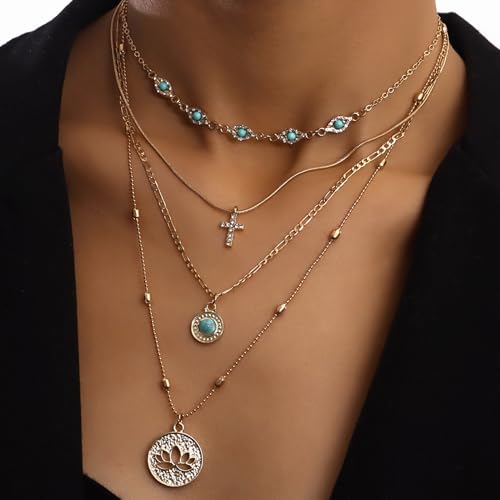Gold Layered Necklace for Women Summer Boho Layered Stacked Pendant Necklace Country Concert Necklace Turquoise Coin Long Necklace - color: B