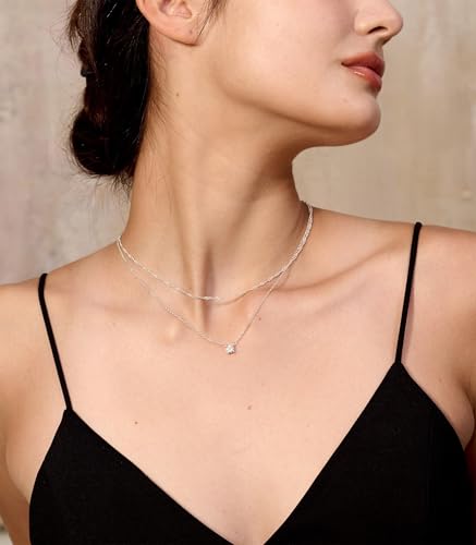 Dainty Sterling Silver Plated Diamond Choker Necklace for Women | Layered Created Diamond Pendent Necklace Set Non Tarnish, Stackable Cuban Chain Choker Jewelry - color: Silver-01