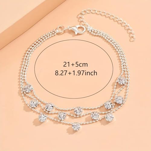 Fesciory Silver Ankle Bracelets for Women, Adjustable Rhinestone Pendant Tennis Anklet, Butterfly Heart Infinite Diamond Summer Beach Foot Chain Jewelry Gifts - style: 3Layered Diamonds1