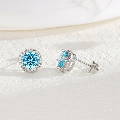 YOMELA Round Cubic Zirconia Stud Earrings for Women | Everyday Dainty, Diamond-Like Brilliance, CZ Halo Birthstone Studs, Hypoallergenic & Lightweight, Elegant & Versatile - color: Aquamarine