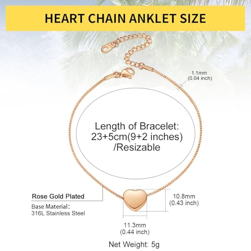 ChainsHouse Ankle Bracelets for Women, Stainless Steel Beaded Chain Ankle Bracelet, Womens Heart Anklets for Summer Beach Jewelry Gifts - color: Q: heart-rose gold