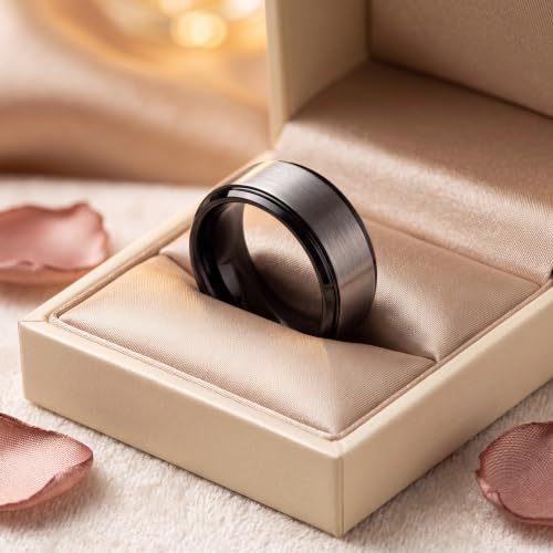 Tungsten Wedding Band Ring Black 10mm Men Women Comfort Fit 18k Rose Gold Step Edge Brushed Polished - color: Black Grey Tungsten