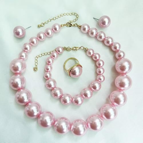 Chunky Beaded Jewelry Set, Necklace Earrings Bracelet Ring for Women Party | Simulated pearl jewelry set, necklace earrings bracelet & ring. Elegant chunky beaded, ideal gift for wedding and daily wear. - color: Pink