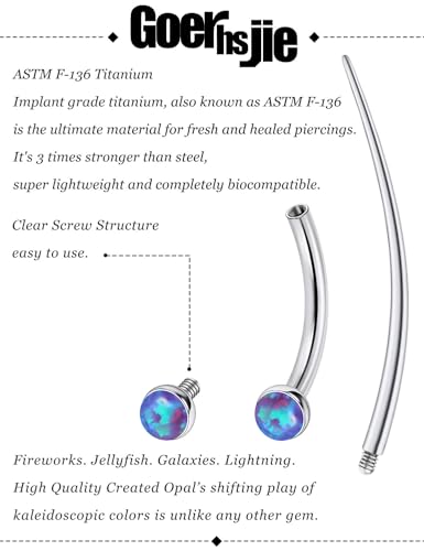 F136 Titanium 16g 6/8/10mm Opal Eyebrow/Rook/Snug/Vertical-Labret/VCH/Snake-Eyes/Anti-Tragus/Christina/Daith/Belly-Button/Bridge/Hood/Surface Curved Barbell Piercing Jewelry for Women Men - color: Purple, size: 10mm=3/8in