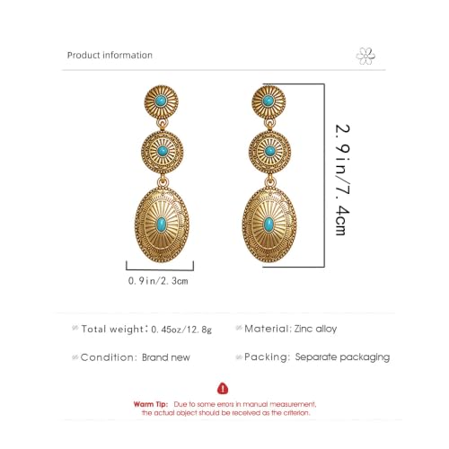 Boho Western Earrings for Women Western Feather Earrings Vintage Concho Turquoise Teardrop Dangle Earrings Country Concert Jewelry Accessories - style: Gold Turquoise Dangle