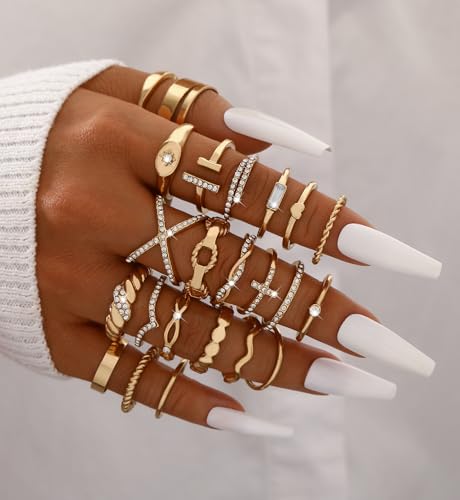 iF YOU 25 Pcs Gold Stackable Ring Set for Women, Chunky Knuckle Finger Midi Rings, Silver Simple Stacking Cute Rings Pack Trendy Stuff Jewelry Gift - style: 23 Gold sparkling rings