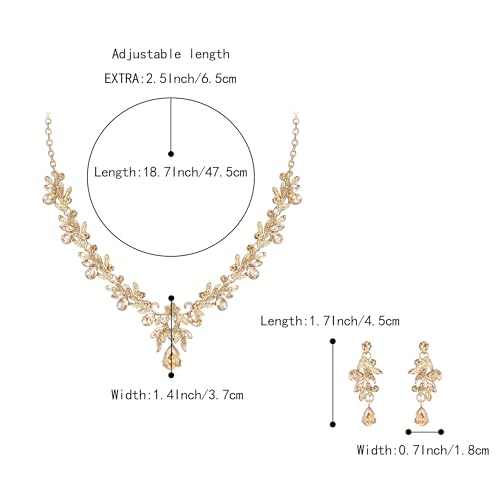 Women's Wedding Jewelry Set Leaf Flower for Bridal Prom Party | Stunning Crystal Teardrop Marquise Cluster Pendant Necklace Dangle Earrings Set for Bride Bridesmaid - color: Champagne Gold-Plated-Base