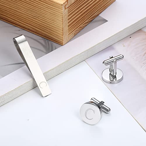 Initial Cuff Links Mens and Tie Clips for Men | Classic Silver Letter Alphabet A-Z Cufflinks and Tie Bar Set, Gifts for Men Father Husband for Formal Business Wedding - style: C